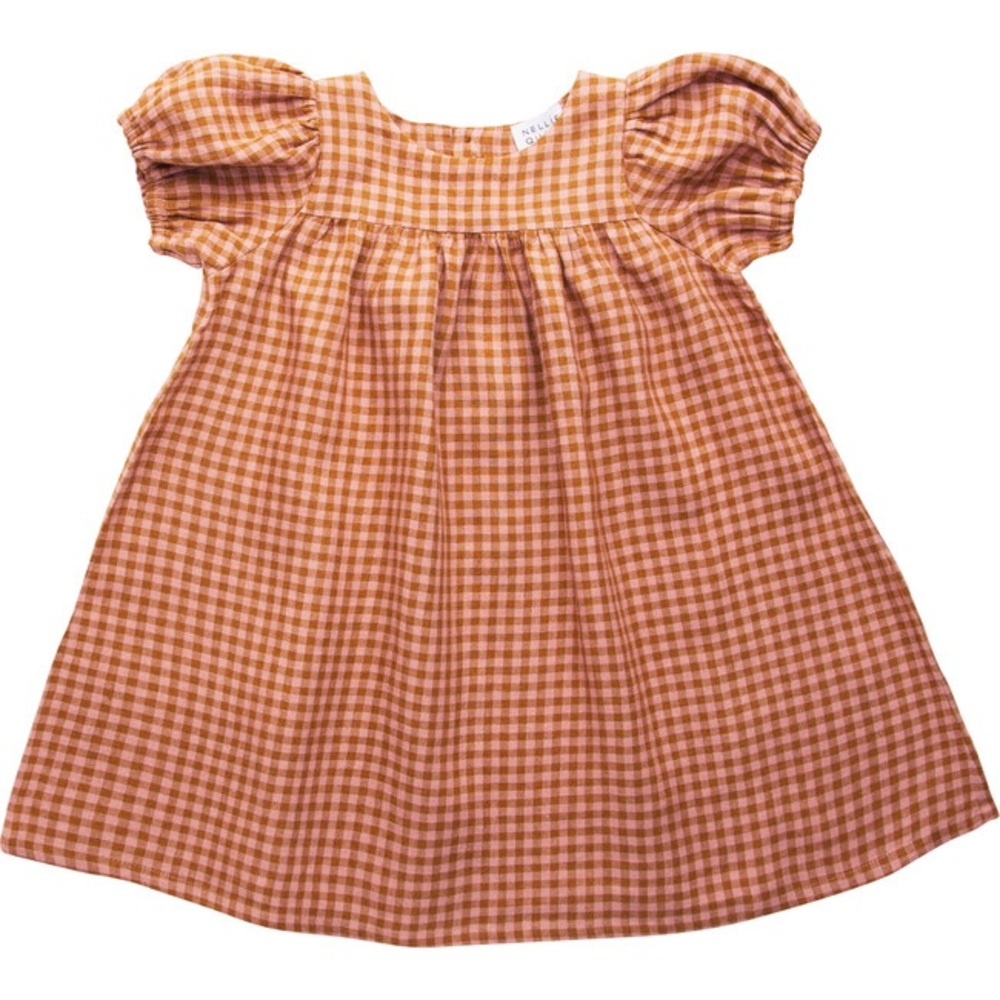 Nellie Quats Cats Cradle Puff Sleeve Dress, Rose & Caramel. 18-24 Months